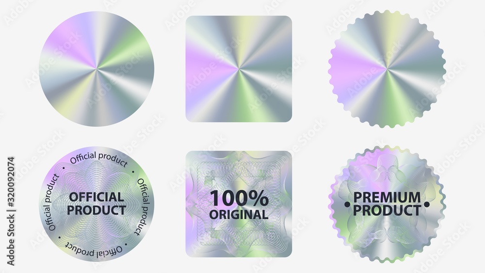 Set of hologram label geometric shapes vector flat illustration. Collection of holographic sticker quality emblem isolated on white background. Symbol of certification product - obrazy, fototapety, plakaty 