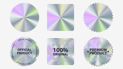 set of hologram label geometric shapes vector flat illustration. collection of holographic sticker q