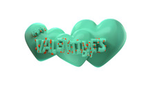 Happy Valentine's Day Lettering With Three Hearts Behind In Aqua Menthe Color And Little Sweet Spheres In Popular Lava Lush Color, Made Of Caramel. 3d Illustration Isolated On White