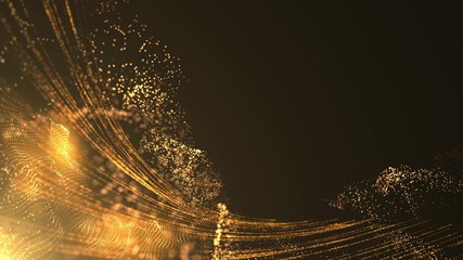 digital gold particles wave and light abstract background with shining flare particle stars dust. fu