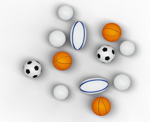  Top view of several team sport balls