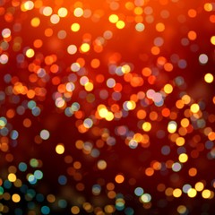 Golden bokeh confetti on dark red background. Festive sparkle shiny template. Lights of garlands pattern.