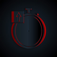 Paper cut Stopwatch icon isolated on black background. Time timer sign. Chronometer sign. Paper art style. Vector Illustration