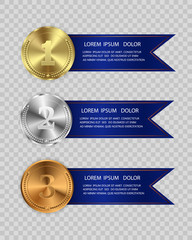 Set of gold, bronze and silver. Winner award competition, prize medal and banner for text. Award medals isolated on transparent background. Vector illustration of winner concept.