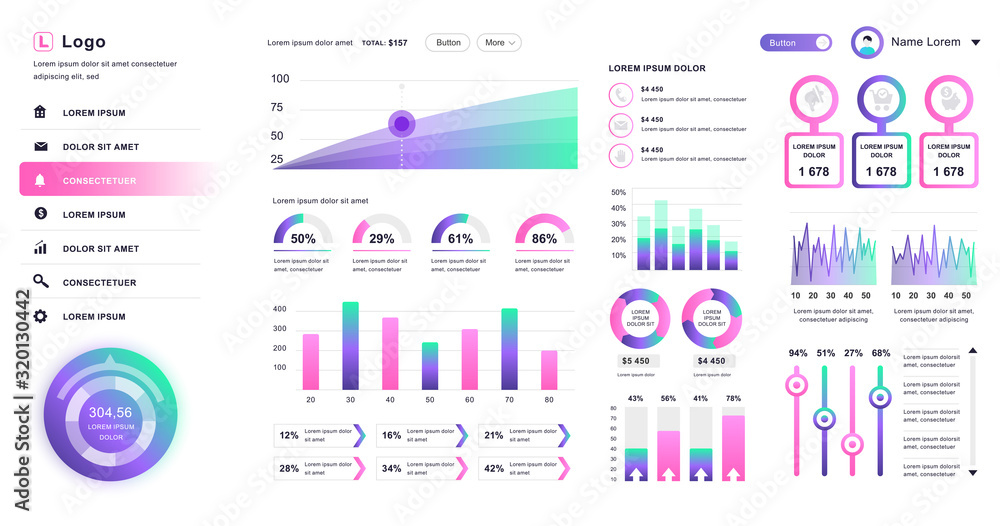Dashboard UI. Admin panel vector design template with infographic ...