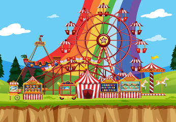 Sticker - Circus scene with many rides at day time