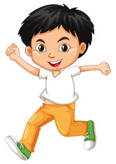 Wall Mural - Happy boy in white shirt running on white background