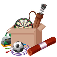 Poster - Cardboard box full of sport equipments on white background