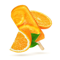 Wall Mural - Yellow ice cream popsicle with orange slices isolated