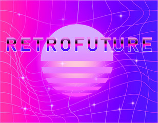 Aufkleber - Retrofuturistic landscape with laser grid and neon sun. Vaporwave and retrowave style background.