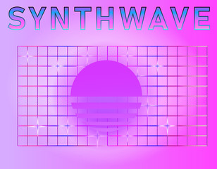 Aufkleber - Retrofuturistic landscape with laser grid and neon sun. Vaporwave and retrowave style background.