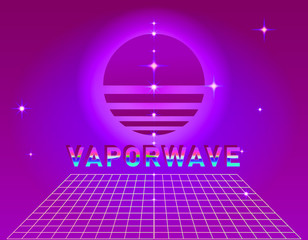 Wall Mural - retrofuturistic landscape with endless laser grid and rising sun above it. vaporwave and retrowave s