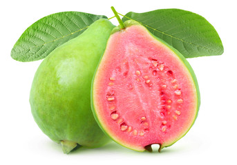 Poster - Isolated guava. One whole green guava fruit and a half with pink flesh on a branch with leaves isolated on white background with clipping path