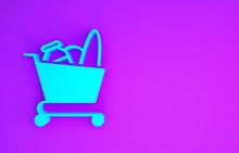 Blue Shopping Cart And Food Icon Isolated On Purple Background. Food Store, Supermarket. Minimalism Concept. 3d Illustration 3D Render