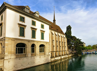 Wall Mural - Zurich, Switzerland - September 2, 2016: Wasserkirche in Zurich at Limmatquai, in Switzerland