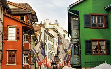 Wall Mural - Flags on Augustinergasse pedestrian Street in Zurich center, Switzerland