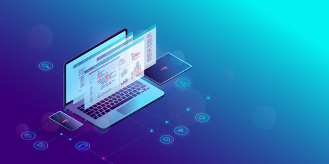 Fototapete - App development - isometric computer showing code, abstract programming language and monitoring tools. Smartphone and tablet showing loading bar. Technology, developer, game and software concept.