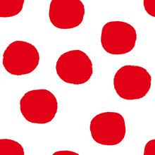 All Over Seamless Repeat Pattern With Big Bold Red Irregular Rough Edge Hand-drawn Polka Dots Tossed On A White Background