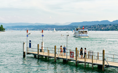 Poster - People at Pier waiting for ferry in Zurich Lake, Switzerland