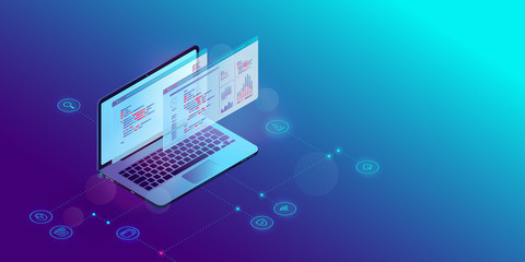Wall Mural - software and web development. isometric laptop computer with code and analytic tools on screen, icon