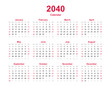 Calendar 2040 - 12 months yearly vector calendar - calendar planner template