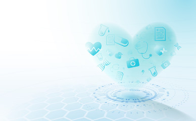 Leinwandbilder - Health care and science icons medical innovation concept in heart shaped hologram. Abstract futuristic technology background.