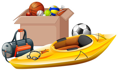 Wall Mural - Cardboard box full of sport equipments on white background