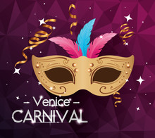 Poster Of Venice Carnival And Mask With Feathers Vector Illustration Design