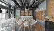 3d Illustation - Restaurant mit Bar, Tischen, Stühlen und großen Fenstern