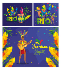 Poster - set poster of brazil carnival with decoration vector illustration design