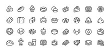 Bread Line Icons. Bakery And Dessert With Croissant Muffin Donut Pizza Sandwich Cookies And Cakes. Vector Illustration Sweet Bakery Linear Symbols Set On White