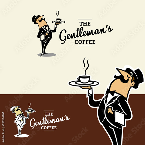 Fotografía Vintage Cartoon of Classy Waiter Bringing Coffee Logo