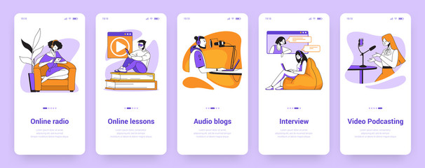 Podcast onboarding screens. Online training and video lessons, music radio and self education banners. Vector set social media screens ui for blog or digital interface records studio