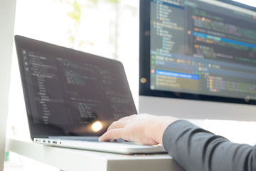 Wall Mural - programmers work on the development of coding and coding technology on white desks and website desig