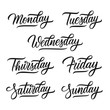 Days of the week hand lettering set. Handwritten collection. Monday, tuesday, wednesday, thursday, friday, saturday, sunday. Calligraphic elements for your design. Vector illustration.