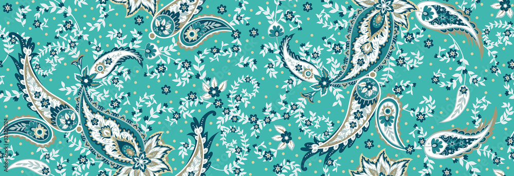 Seamless ethnic pattern of paisley and decorative floral branches. Indian motif. Vector background - obrazy, fototapety, plakaty 