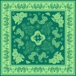 Beautiful bandana print with floral and paisley ornament in green colors. Print for scarf, shawl, kerchief.