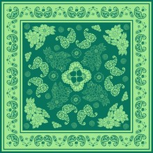 Beautiful Bandana Print With Floral And Paisley Ornament In Green Colors. Print For Scarf, Shawl, Kerchief.