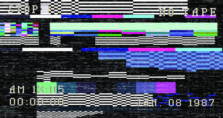 Aufkleber - Retro VHS background like in old video tape rewind or no signal TV screen. Vaporwave/ retrowave style vector illustration.