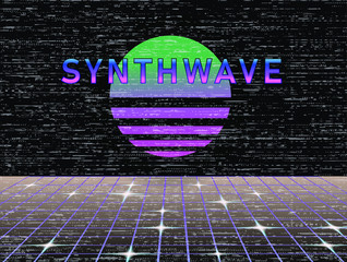 Aufkleber - Retrofuturistic landscape with laser grid and neon sun. Vaporwave and retrowave style background.