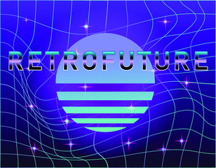 Aufkleber - Retrofuturistic landscape with laser grid and neon sun. Vaporwave and retrowave style background.