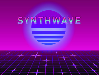 Aufkleber - Retrofuturistic landscape with laser grid and neon sun. Vaporwave and retrowave style background.