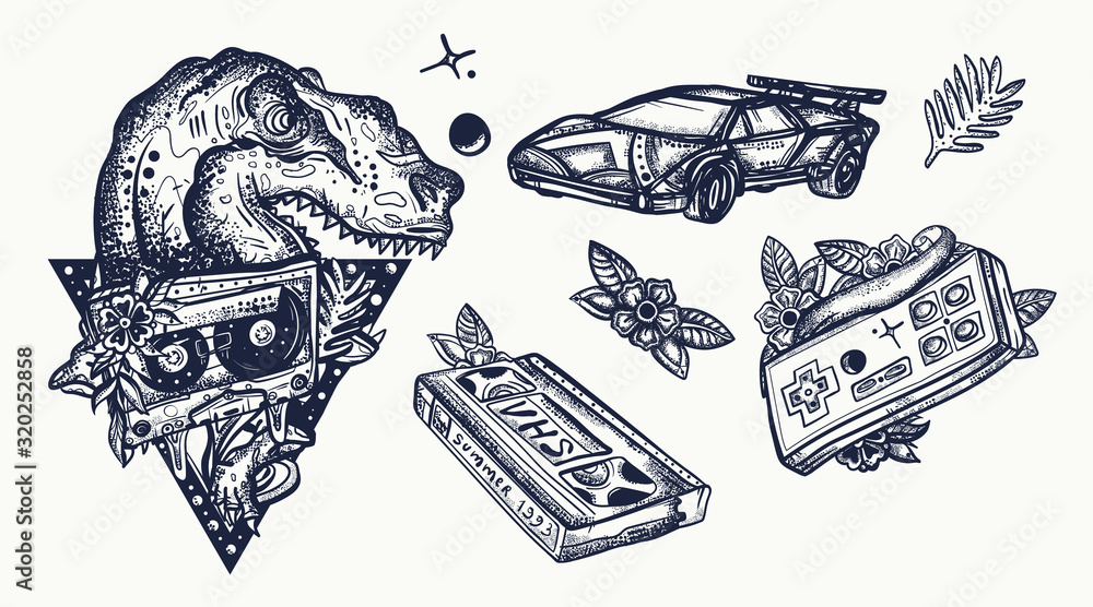 Retro wave music art. Old school tattoo vector collection. Laser