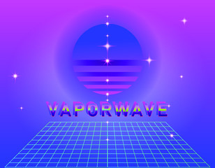 Wall Mural - retrofuturistic landscape with laser grid and neon sun. vaporwave and retrowave style background.