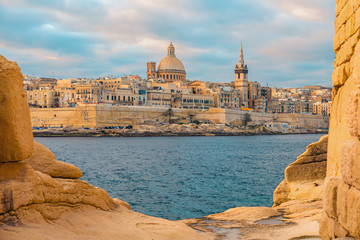 Wall Mural - view of valletta, malta old town skyline from sliema city on the other side of marsans harbor