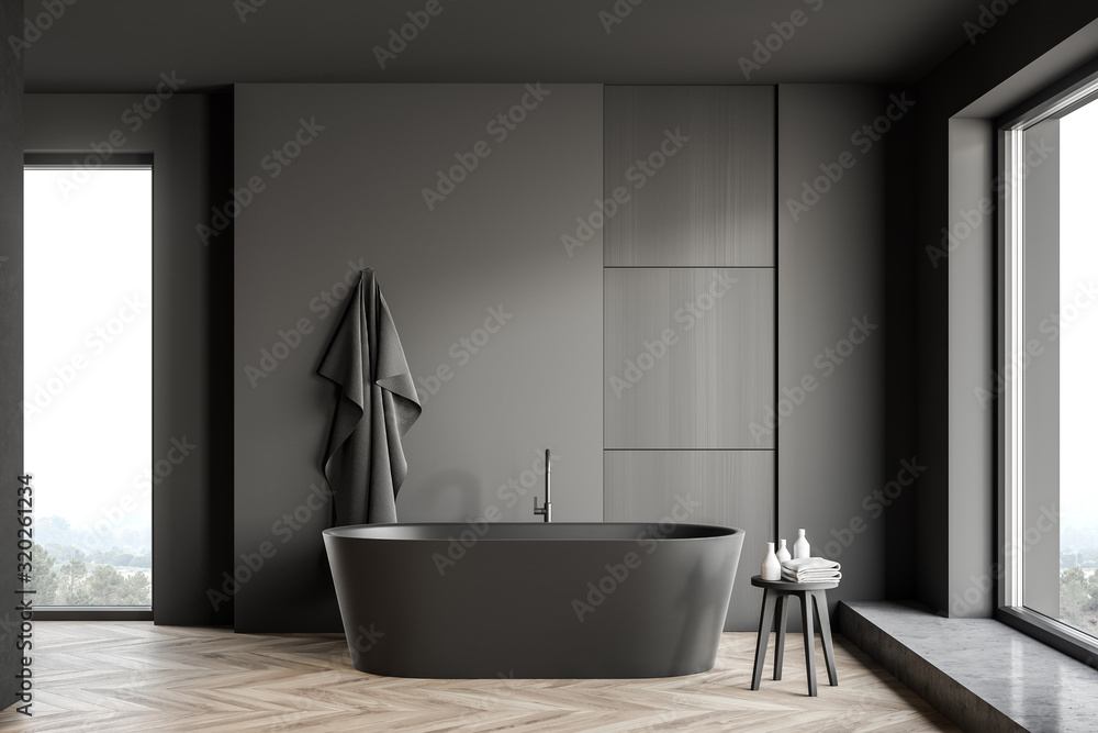 Gray and wooden bathroom interior with tub - obrazy, fototapety, plakaty 