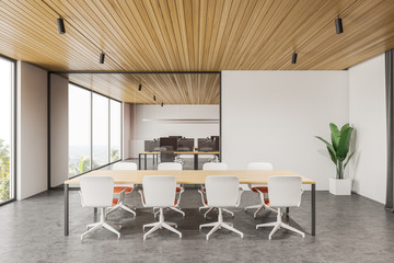 Panoramic white meeting room interior