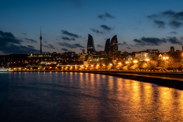 Wall Mural - Night view of Baku with the Flame Towers skyscrapers