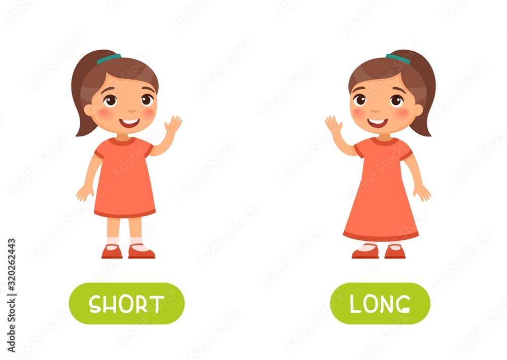 short dress clipart Girl in short and long dresses illustration with typography. Flashcard  vector template. Word card for english language learning with flat  characters. Opposites concept. Stock Vector