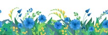 Floral  Flat Vector Template Horizontal Background. Blue And Yellow Wildflowers Blank Border Design. Cornflowers And Daisy Blossoms Cartoon Decor Element